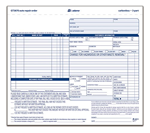 Adams Auto Repair Order Forms, 8.5 x 7.44 Inch, 3-Part, Carbonless, 50-Pack, White and Canary (GT3870)