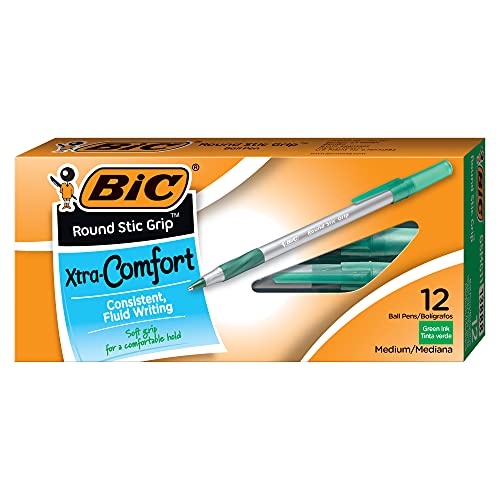 BIC Round Stic Grip Xtra Comfort Ballpoint Pen, Medium Point (1.2mm), Green, 12-Count