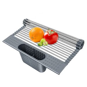 roll up dish drying rack, over the sink dish drying rack for kitchen counter sink, stainless steel sink drying rack with utensil holder, multipurpose foldable kitchen sink rack mat -grey(17.3″ x15.3″)