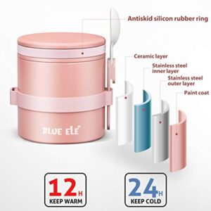 BLUE ELE Leakproof, Vacuum Insulated Thermos Hot Lunch Containers with Ceramic-Coated Stainless Steel, Easy Grip Lid, and Folding Spoon, 13.5oz, Carnation Pink