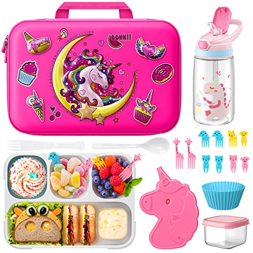 WayEee Lunch Box with Lunch Bag Bento Box Set for Girls - Insulated Lunch Bag with 4 Compartment Bento Box Water Bottle Ice Pack Silicon Cap Salad Container for Kids Back to School Ideal for Age 6-15