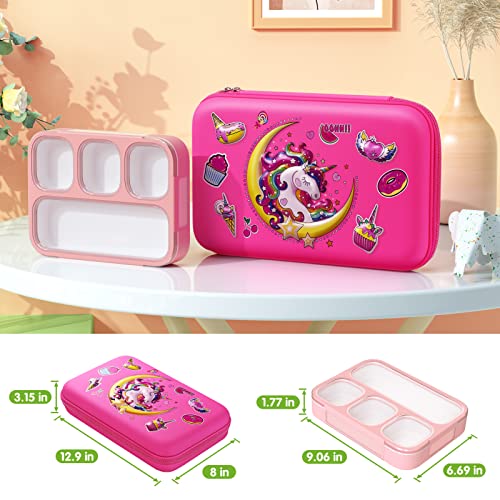 WayEee Lunch Box with Lunch Bag Bento Box Set for Girls - Insulated Lunch Bag with 4 Compartment Bento Box Water Bottle Ice Pack Silicon Cap Salad Container for Kids Back to School Ideal for Age 6-15