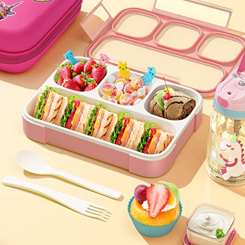 WayEee Lunch Box with Lunch Bag Bento Box Set for Girls - Insulated Lunch Bag with 4 Compartment Bento Box Water Bottle Ice Pack Silicon Cap Salad Container for Kids Back to School Ideal for Age 6-15