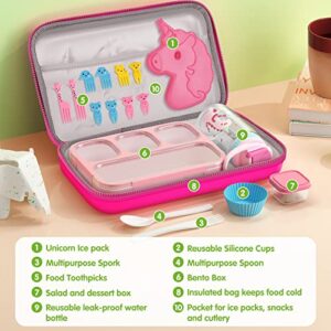 WayEee Lunch Box with Lunch Bag Bento Box Set for Girls - Insulated Lunch Bag with 4 Compartment Bento Box Water Bottle Ice Pack Silicon Cap Salad Container for Kids Back to School Ideal for Age 6-15