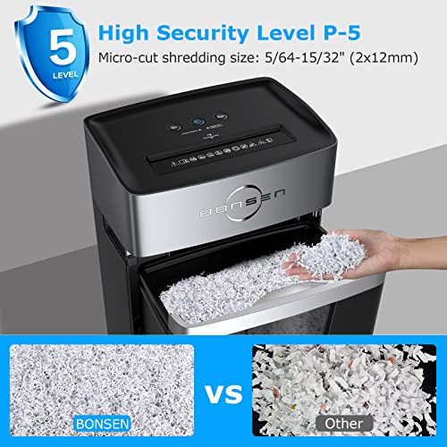 BONSEN 10-Sheet Super Quiet Micro-Cut Paper Shredder High Security Level P-5/50dB Ultra-Quiet/40-Minutes Shredding Shreds Credit Card/Staples, 5.3-Gallons Pullout Bin (S3106)