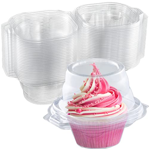 Individual Cupcake Containers (100 Pack) | Clear Plastic Disposable Cupcake Boxes / Holders | Single Cupcake Holder with Dome Lid Bulk | BPA-Free Plastic Cupcake Muffin Container Carrier Boxes to Go