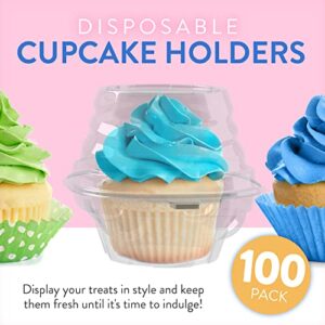 Individual Cupcake Containers (100 Pack) | Clear Plastic Disposable Cupcake Boxes / Holders | Single Cupcake Holder with Dome Lid Bulk | BPA-Free Plastic Cupcake Muffin Container Carrier Boxes to Go