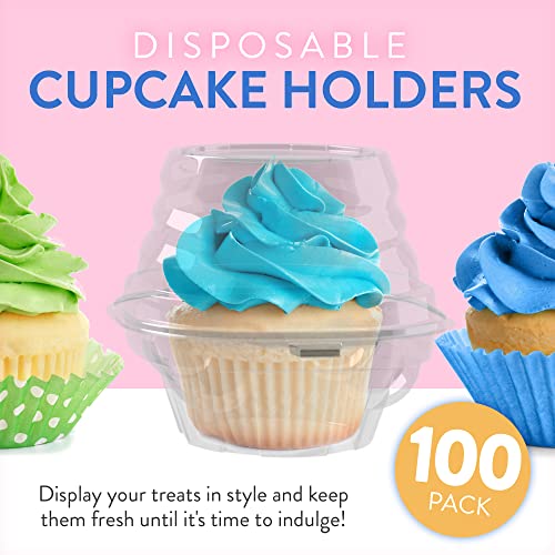 Individual Cupcake Containers (100 Pack) | Clear Plastic Disposable Cupcake Boxes / Holders | Single Cupcake Holder with Dome Lid Bulk | BPA-Free Plastic Cupcake Muffin Container Carrier Boxes to Go