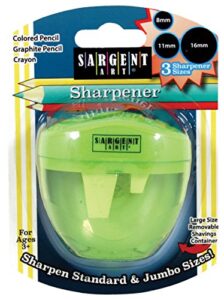 sargent art 3 manual hole pencil sharpeners – 3 holes with lid – portable colored pencil sharpener – jumbo – green – easy grip oval shape