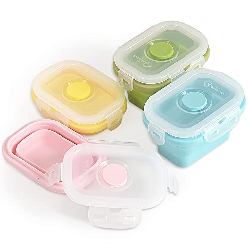 Cozihom Collapsible Silicone Food Storage Container, Portion Control Container with Clip-on Lid, Stackable, Space Saving, Microwave/Fridge/Freezer/Dishwasher Safe, 5 Oz, Pack of 4