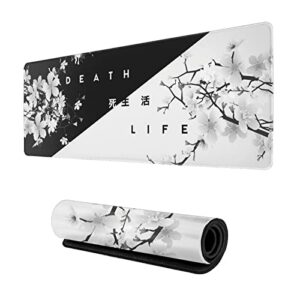 cdeb black and white cherry blossom gaming mouse pad xl, extended stitched edges,large mouse mat desk pad, long non slip rubber base mice pad（31.5 x 11.8 inch）