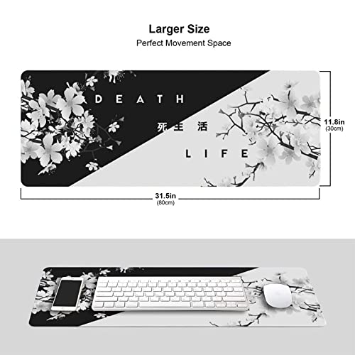 CDEB Black and White Cherry Blossom Gaming Mouse Pad XL, Extended Stitched Edges,Large Mouse Mat Desk Pad, Long Non Slip Rubber Base Mice Pad（31.5 X 11.8 Inch）