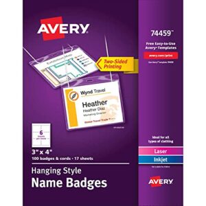 avery 74459 neck hang badge holder w/laser/inkjet insert, top load, 3h x 4w, white (box of 100)