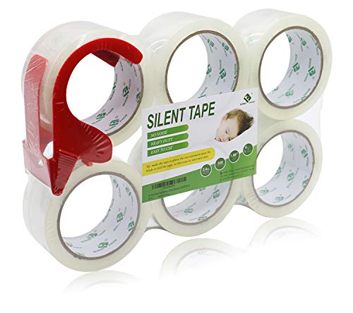 BOMEI PACK No Noise Quiet Clear Packing Tape, Heavy Duty Packaging Tape, Refill Rolls for Sealing Packing and Shipping, 2.4Mil 1.88Inch 55Yards 6rolls, with Free Dispenser