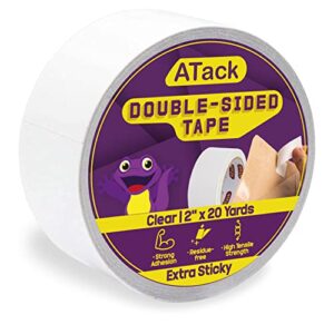 atack extra sticky clear double-sided tape, removable, 2-inch x 20-yards – wall safe heavy-duty double sides self sticky wall fabric tape for wood templates, furniture, leather, curtains and craft