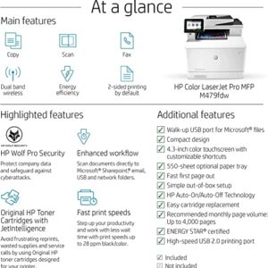 HP Color Laserjet Pro M479fdw Wireless Laser Printer, Print Scan Copy Fax, Auto 2-Sided Printing, 28 ppm, 250-sheet, 512MB, 8.5x14,Compatible with Alexa, Wulic Printer Cable