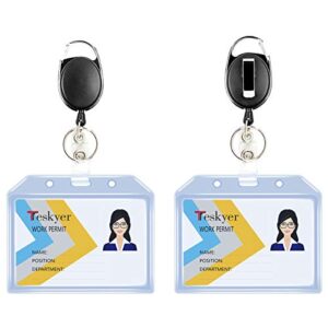 teskyer 2 pack heavy duty retractable badge holders with carabiner reel clip and extra thick clear name tag id card holders, horizontal
