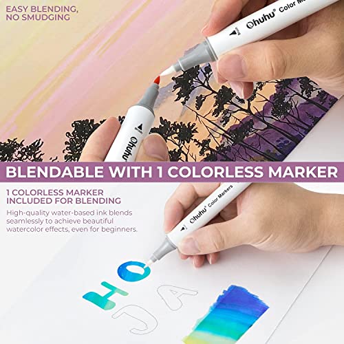 Ohuhu Markers Brush Chisel Tip: 60 Colors New Brush Double Tipped Water-Based Art Marker for Kids Adults Coloring Book Calligraphy Drawing Sketching Bullet Journal with 1 Colorless Blender and Case