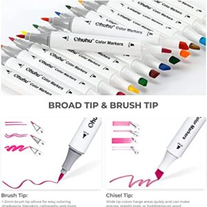 Ohuhu Markers Brush Chisel Tip: 60 Colors New Brush Double Tipped Water-Based Art Marker for Kids Adults Coloring Book Calligraphy Drawing Sketching Bullet Journal with 1 Colorless Blender and Case