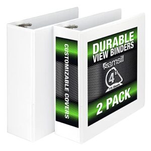 samsill durable 4 inch binder, made in the usa, locking d ring customizable clear view binder, white, 2 pack, each holds 700 pages