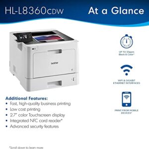 Brother HL-L8360CDW Wireless Single-Function Color Laser Printer - Print Only - USB, Ethernet, WiFi, NFC Connectivity, 2.7" Touchscreen LCD, 31 ppm, 600 x 2400 dpi, Auto Duplex Printing (Renewed)