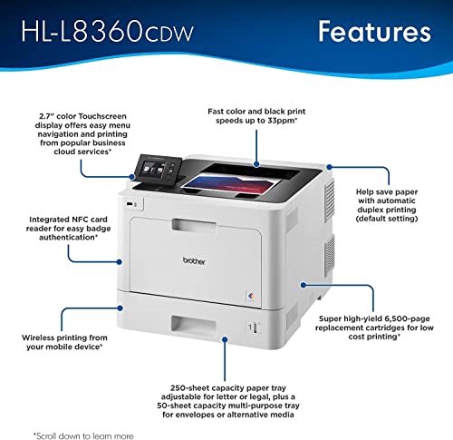 Brother HL-L8360CDW Wireless Single-Function Color Laser Printer - Print Only - USB, Ethernet, WiFi, NFC Connectivity, 2.7" Touchscreen LCD, 31 ppm, 600 x 2400 dpi, Auto Duplex Printing (Renewed)