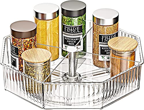 Lazy Susan Organizer, Spice Rack Rotating Organizer with 4 Dividers, Lazy Susan Turntable for Cabinet, 11'' Clear Lazy Susan Turntable Organizer, Spinning Seasoning Organizer for Cabinet Storage