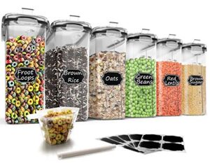 wildone cereal storage containers set, large bpa free plastic airtight food storage containers 4l /135.3oz for cereal, flour, sugar, 6 piece set cereal dispensers with 20 labels & marker, black