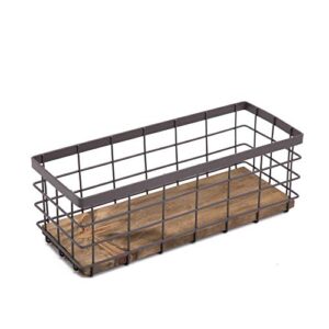 tieyipin small metal wire storage basket, detachable wood base storage organizer bin basket for kitchen cabinets, bathroom, pantry, garage, laundry room – brown
