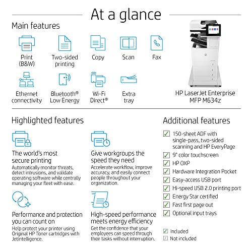 HP LaserJet Enterprise MFP M634z Monochrome All-in-One Printer with built-in Ethernet, 2-sided printing, extra paper trays & 3-bin stapler/stacker (7PS96A)