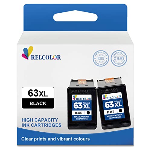 Relcolor 63XL Black Ink Cartridge for HP 63 XL 63xl Ink for HP OfficeJet 3830 4650 4655 5200 5255 5258 Envy 4510 4520 4512 4513 4516 DeskJet 1112 1110 3630 3632 3634 2130 2132 Printer(2 Pack BK) HP63