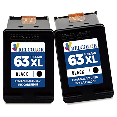 Relcolor 63XL Black Ink Cartridge for HP 63 XL 63xl Ink for HP OfficeJet 3830 4650 4655 5200 5255 5258 Envy 4510 4520 4512 4513 4516 DeskJet 1112 1110 3630 3632 3634 2130 2132 Printer(2 Pack BK) HP63