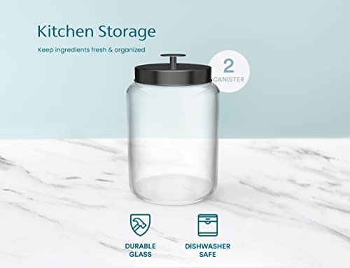 Kook Glass Large Kitchen Canister Set, Food Storage Containers, Bathroom Jars, Airtight Lids, 3.7 Liters, .98 gallons, Set of 2 (Black)