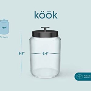 Kook Glass Large Kitchen Canister Set, Food Storage Containers, Bathroom Jars, Airtight Lids, 3.7 Liters, .98 gallons, Set of 2 (Black)