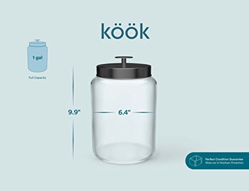 Kook Glass Large Kitchen Canister Set, Food Storage Containers, Bathroom Jars, Airtight Lids, 3.7 Liters, .98 gallons, Set of 2 (Black)