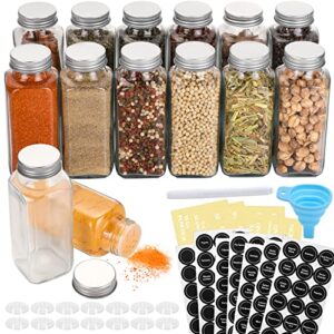 aozita 14 pcs glass spice jars with spice labels – 8oz empty square spice bottles – shaker lids and airtight metal caps – chalk marker and silicone collapsible funnel included