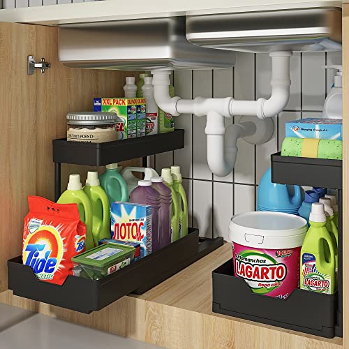 REALINN Under Sink Organizers and Storage, 2 Pack Slide out Kitchen Under Sink Storage Rack, Bathroom Cabinet Organizer Baskets