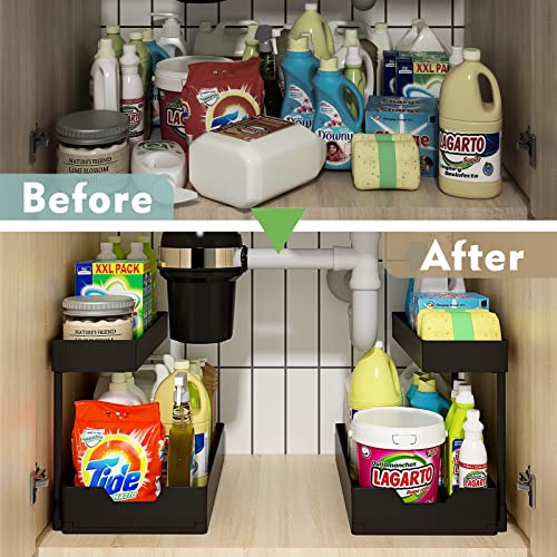 REALINN Under Sink Organizers and Storage, 2 Pack Slide out Kitchen Under Sink Storage Rack, Bathroom Cabinet Organizer Baskets