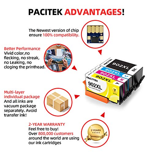 PACITEK Compatible Ink Cartridge Replacement for HP 902 XL 902XL with Advanced Chip Technology to use with Officejet Pro 6974 6968 6978 6975 6960 Officejet 6951 6954 6956 6958 6950 6962(4 Pack)