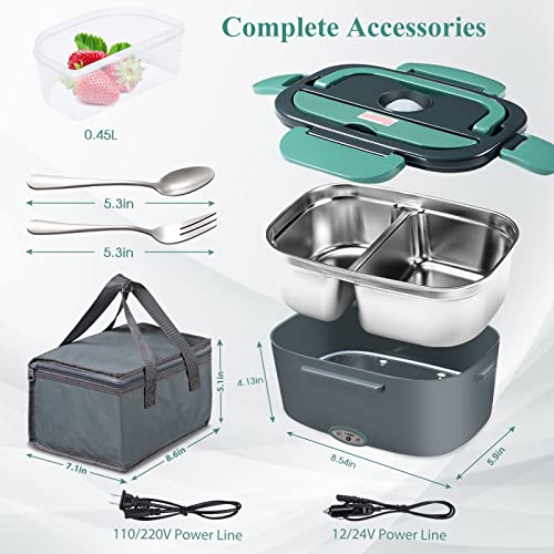 Kabbas Electric Lunch Box Food Heater with 2 Compartments 70W Leakproof Portable Food Warmer Lunch Box for Adults Car Truck Work, 12/24V&110/220V Self Heating Lunch Box with 1.5L Removable Container