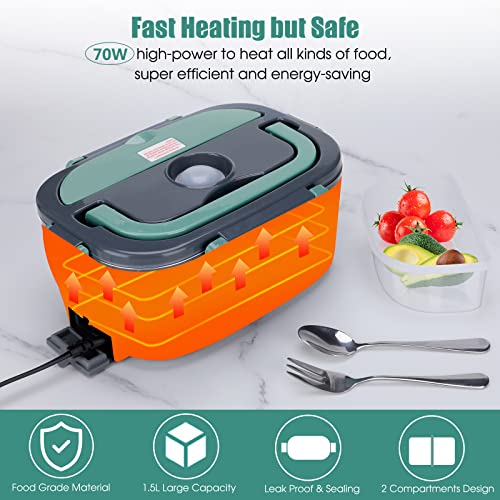 Kabbas Electric Lunch Box Food Heater with 2 Compartments 70W Leakproof Portable Food Warmer Lunch Box for Adults Car Truck Work, 12/24V&110/220V Self Heating Lunch Box with 1.5L Removable Container