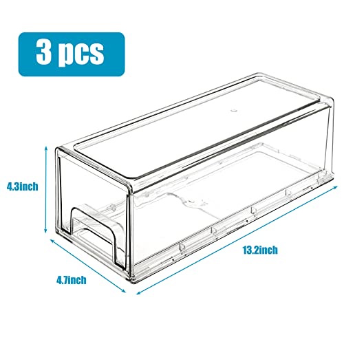 Moretoes Fridge Drawers 3 Pack Clear Stackable Pull Out Refrigerator Organizer Bins, Kitchen Organization Cabinet Fridge Organizer, Pantry Organization and Food Storage Containers