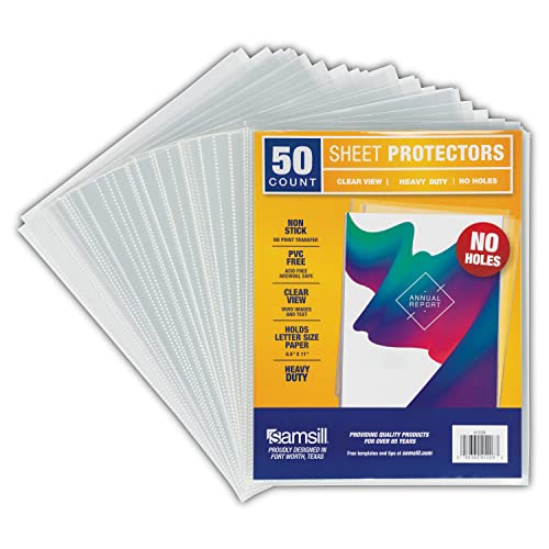 Samsill No Holes Sheet Protectors, 50 Pack, 8.5x11 Inch Page Protectors for 3 Ring Binder, Heavy Duty, No Hole Protector Letter Size, Top Loading, Acid Free