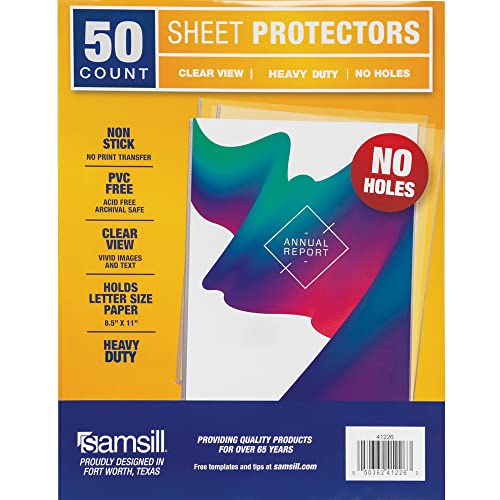 Samsill No Holes Sheet Protectors, 50 Pack, 8.5x11 Inch Page Protectors for 3 Ring Binder, Heavy Duty, No Hole Protector Letter Size, Top Loading, Acid Free