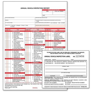 annual vehicle inspection report (shrinkwrapped snap-out format, 3-ply carbonless, 8.5″ x 11.75″) with label (2-ply vinyl with mylar laminate, 5″ x 4″) – 10-pk.
