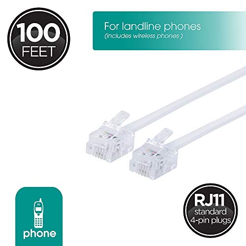 Power Gear Telephone Line Cord, 100 Feet, Phone Cord, Modular Jack Ends, Works for Phone, Modem or Fax Machine, for Use in Home or Office, White, 27638