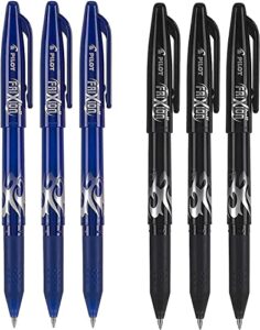 pilot frixion ball 0.7mm erasable gel pens, fine point, 3 black pens & 3 blue pens (6 pack)