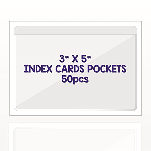 Clear Adhesive 3" x 5" Index Card Pockets with Top Open for Loading, 50 Pack, Plastic Labels Holders for Storage Bins and Library Card, Ideal Card Holder for Organizing and Protecting Your Index Cards