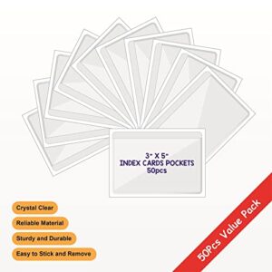 Clear Adhesive 3" x 5" Index Card Pockets with Top Open for Loading, 50 Pack, Plastic Labels Holders for Storage Bins and Library Card, Ideal Card Holder for Organizing and Protecting Your Index Cards