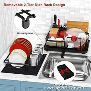 Cibert Dish Drying Rack with Drainboard Set, 2 Tier Dish Racks for Kitchen Counter, Black Dish Drainer Set, Kitchen Dish Drying Rack with Dish Drying Mat, Large Dish Drainer Rack with Utensil Holder